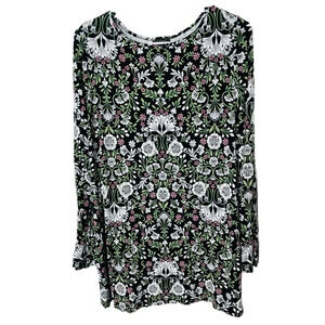 J.Jill Wearever Tunic Top L Black Floral Pleated Back Long Sleeve Soft Stretch
